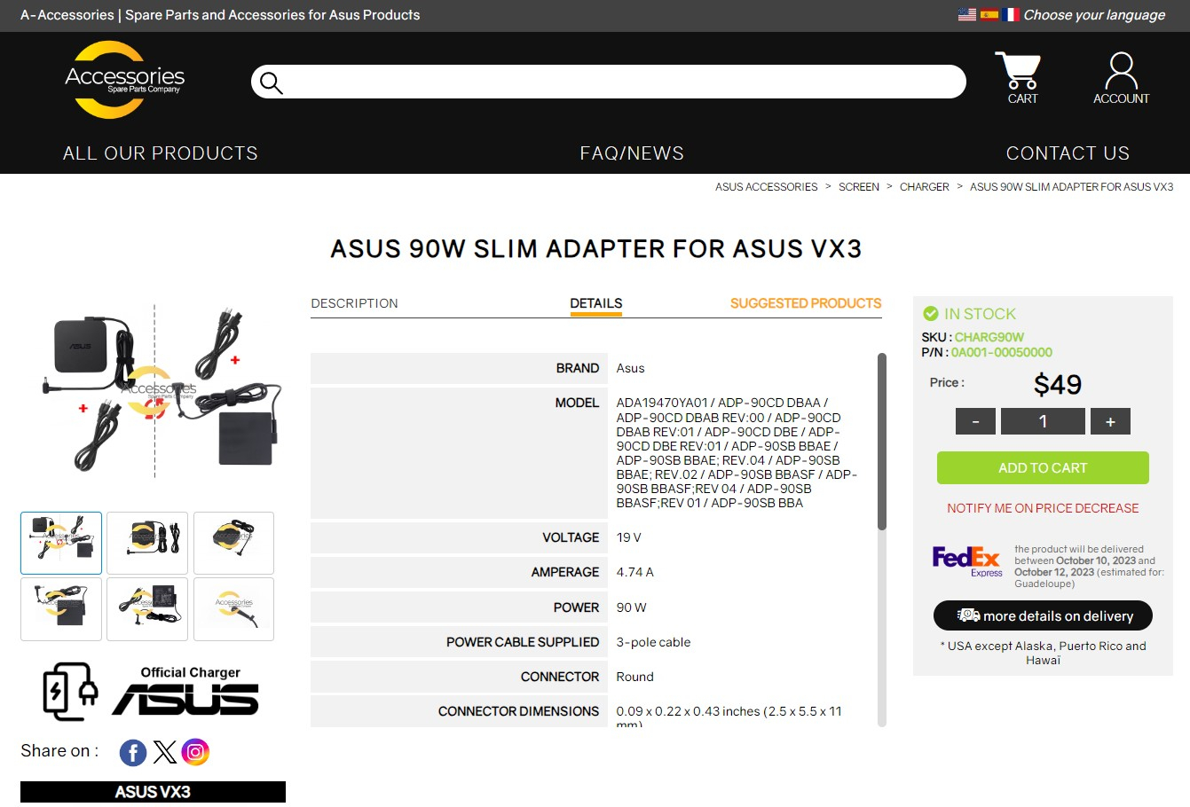 Details asus 90W slim adapter for Asus VX3