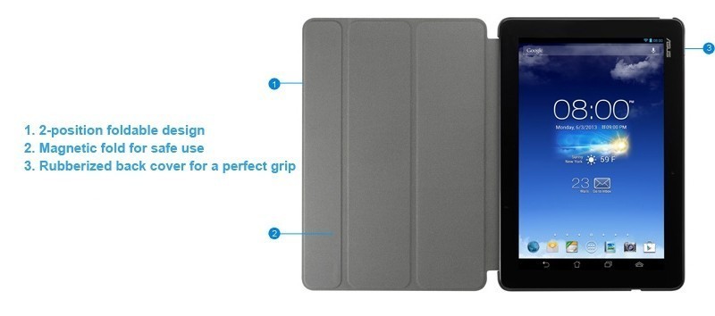 2 position foldable design, magnetic fold, rubberized back cover